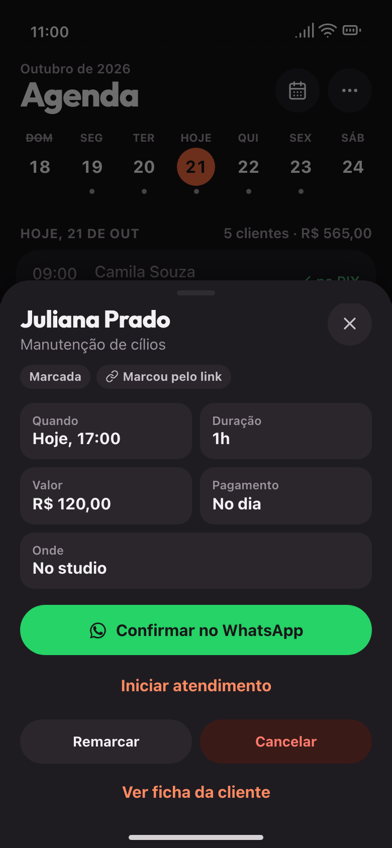 Horário marcado pela cliente pelo link, com o pagamento no studio, no dia