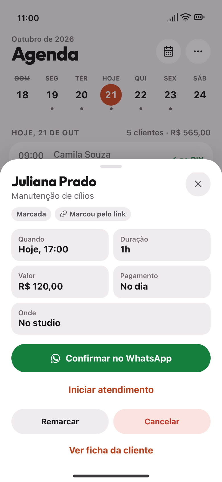Horário marcado pela cliente pelo link, com o pagamento no studio, no dia