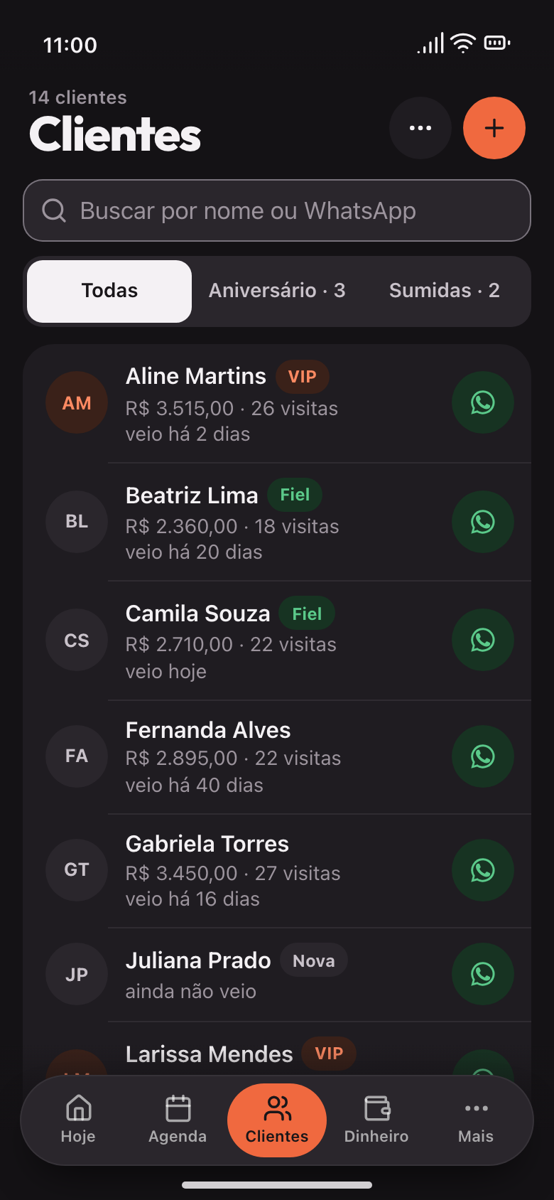 Lista de clientes com as abas Aniversário e Sumidas