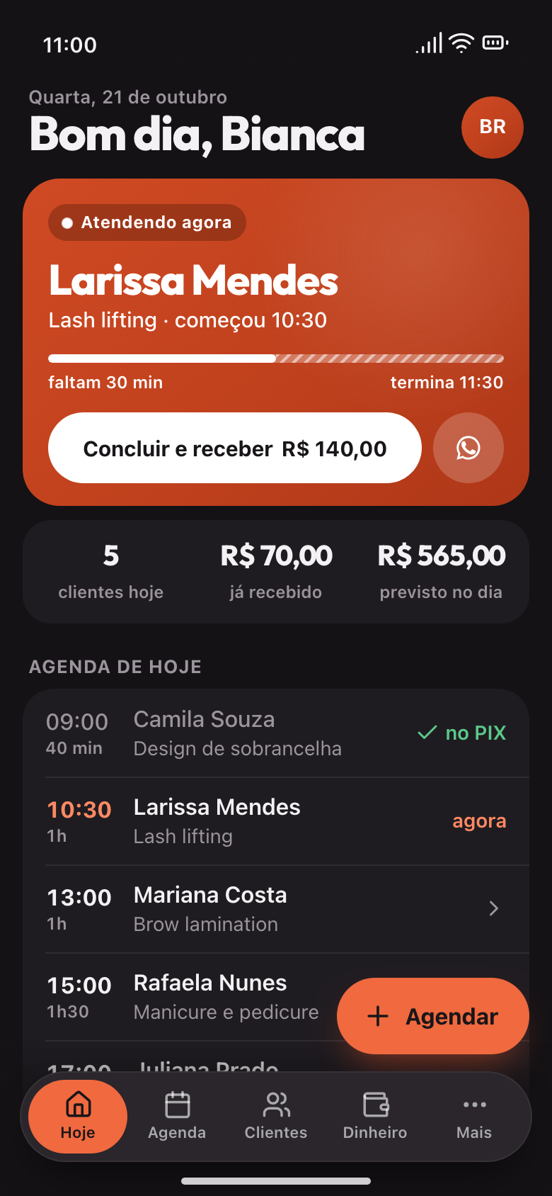 Tela Hoje do Dona: a cliente em atendimento, o que já entrou no dia e a agenda de hoje